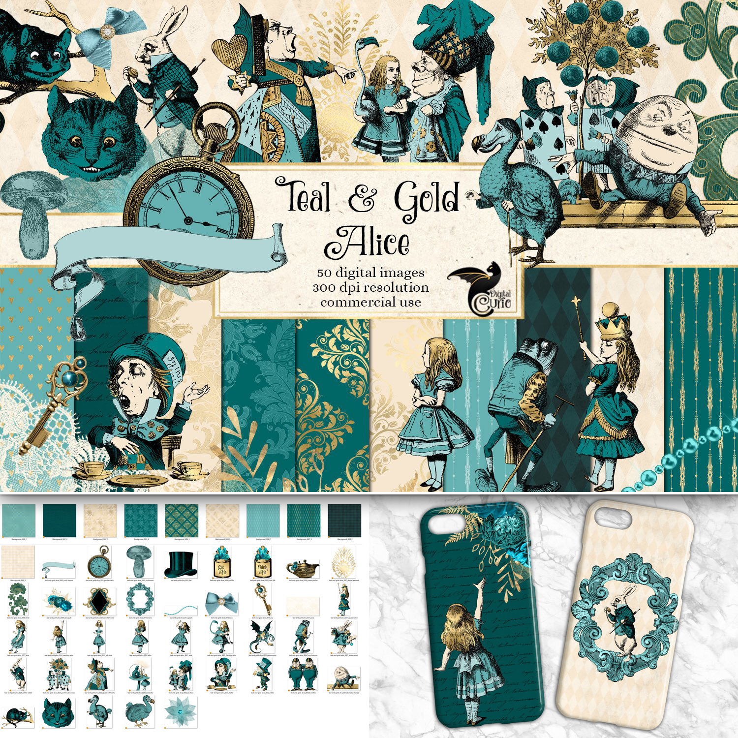 Preview teal and gold alice in wonderland graphics.