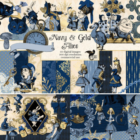 Prints of navy blue and gold alice in wonderland graphics.