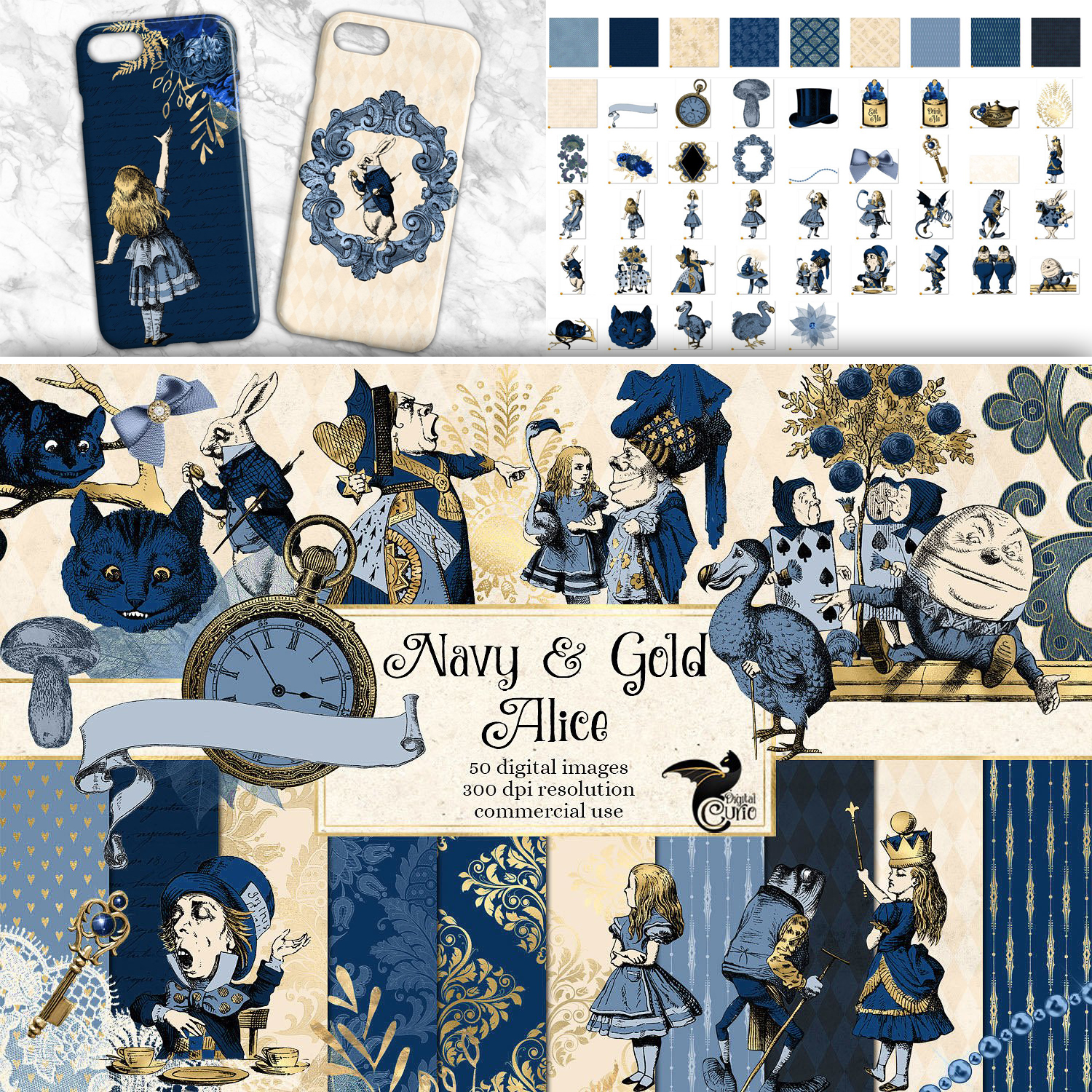 Preview navy blue and gold alice in wonderland graphics.