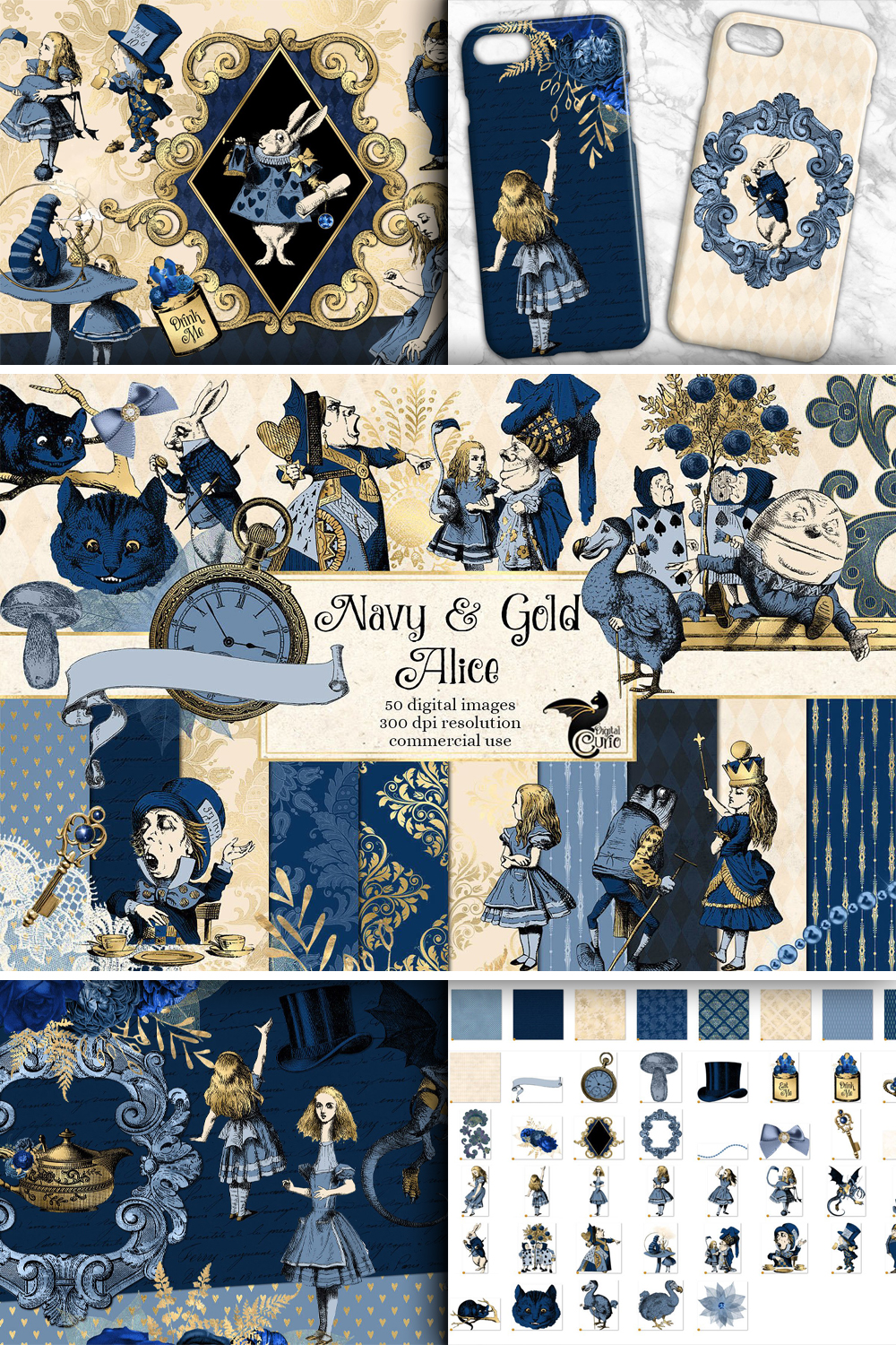 Navy blue and gold alice in wonderland graphics of pinterest.