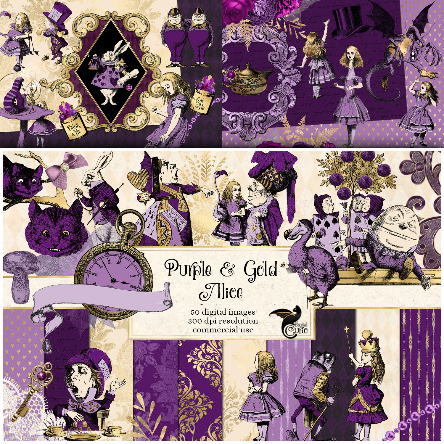 Prints of purple and gold alice in wonderland graphics.