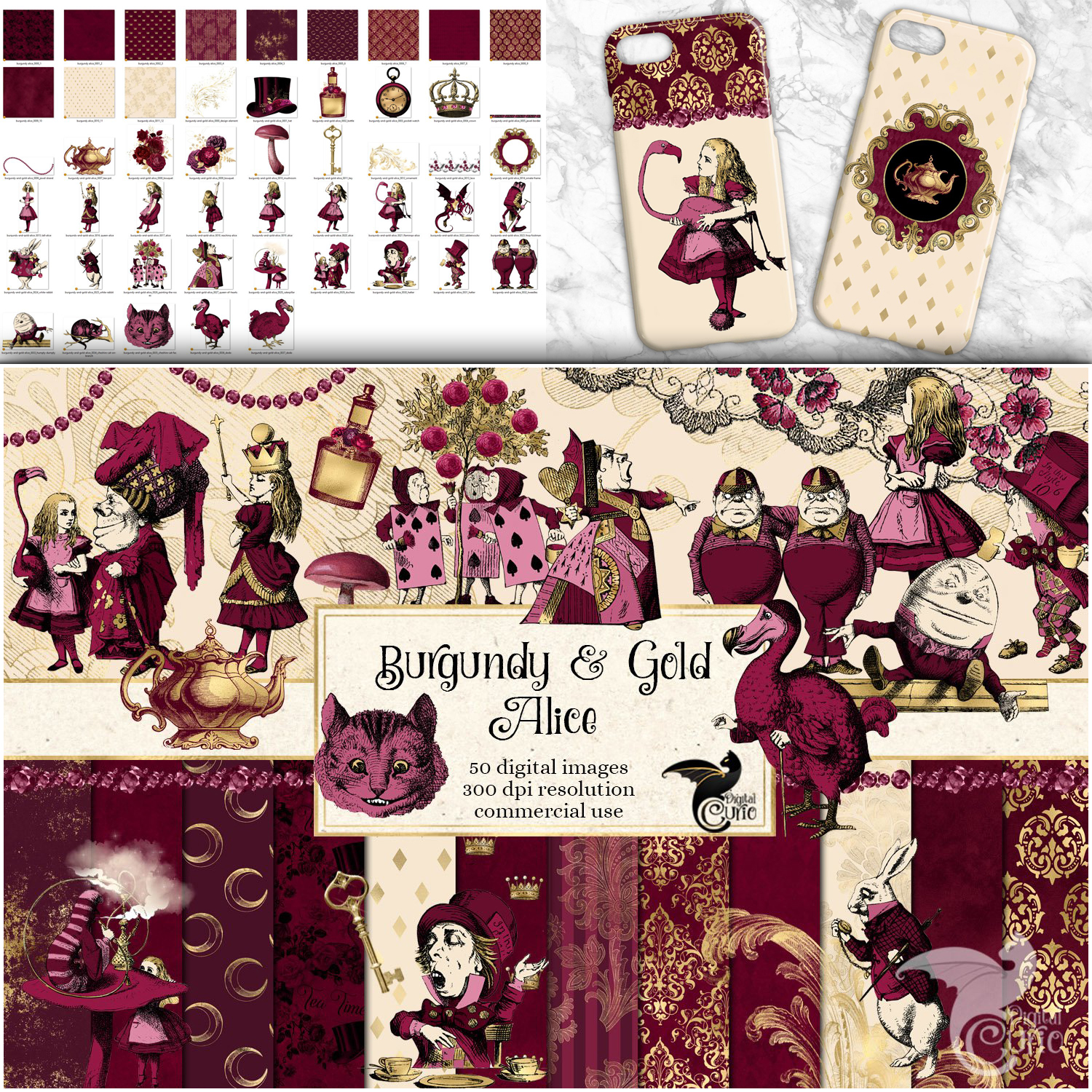 Preview burgundy and gold alice in wonderland graphics.