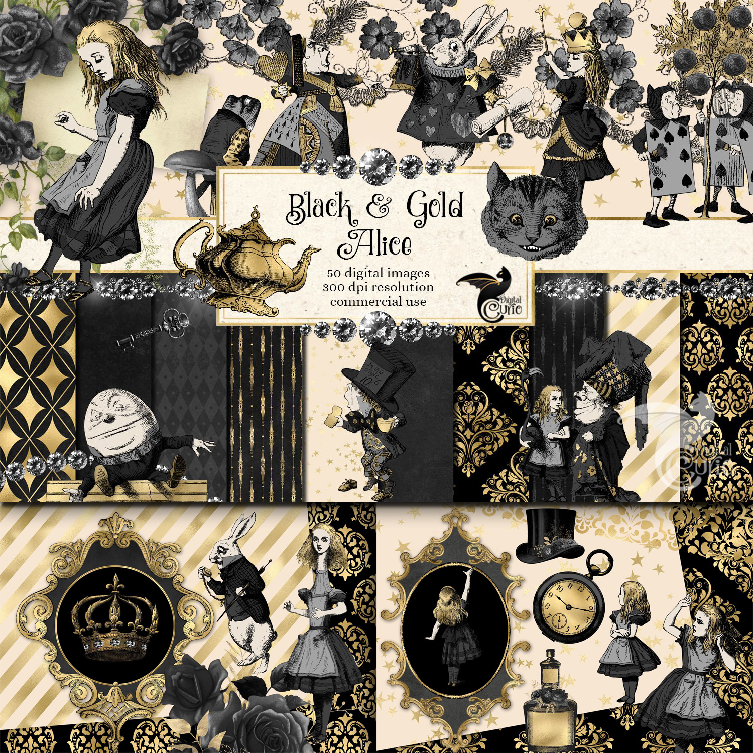 Prints of black and gold alice in wonderland graphics.