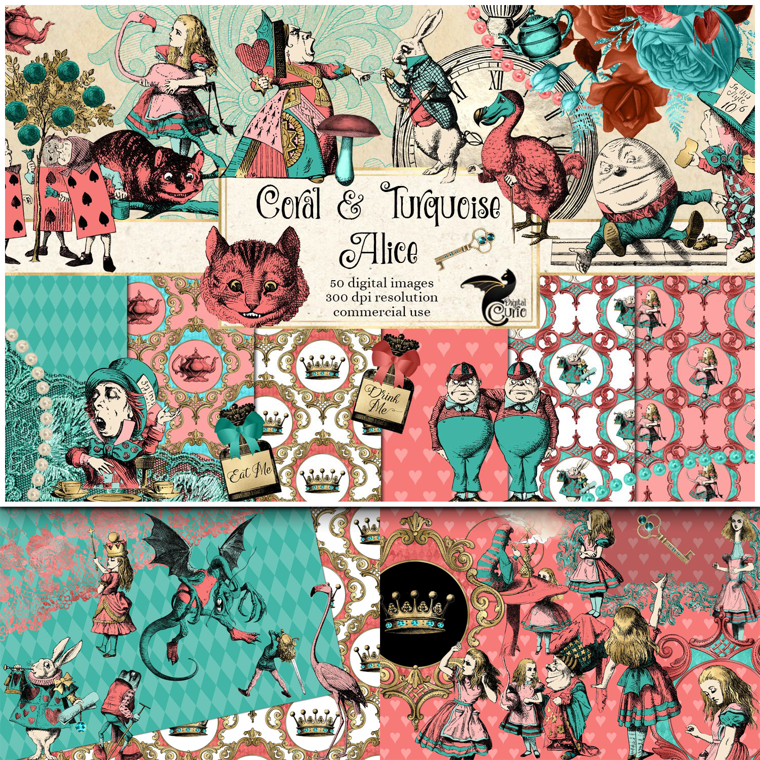 Prints of coral and turquoise alice in wonderland graphics.