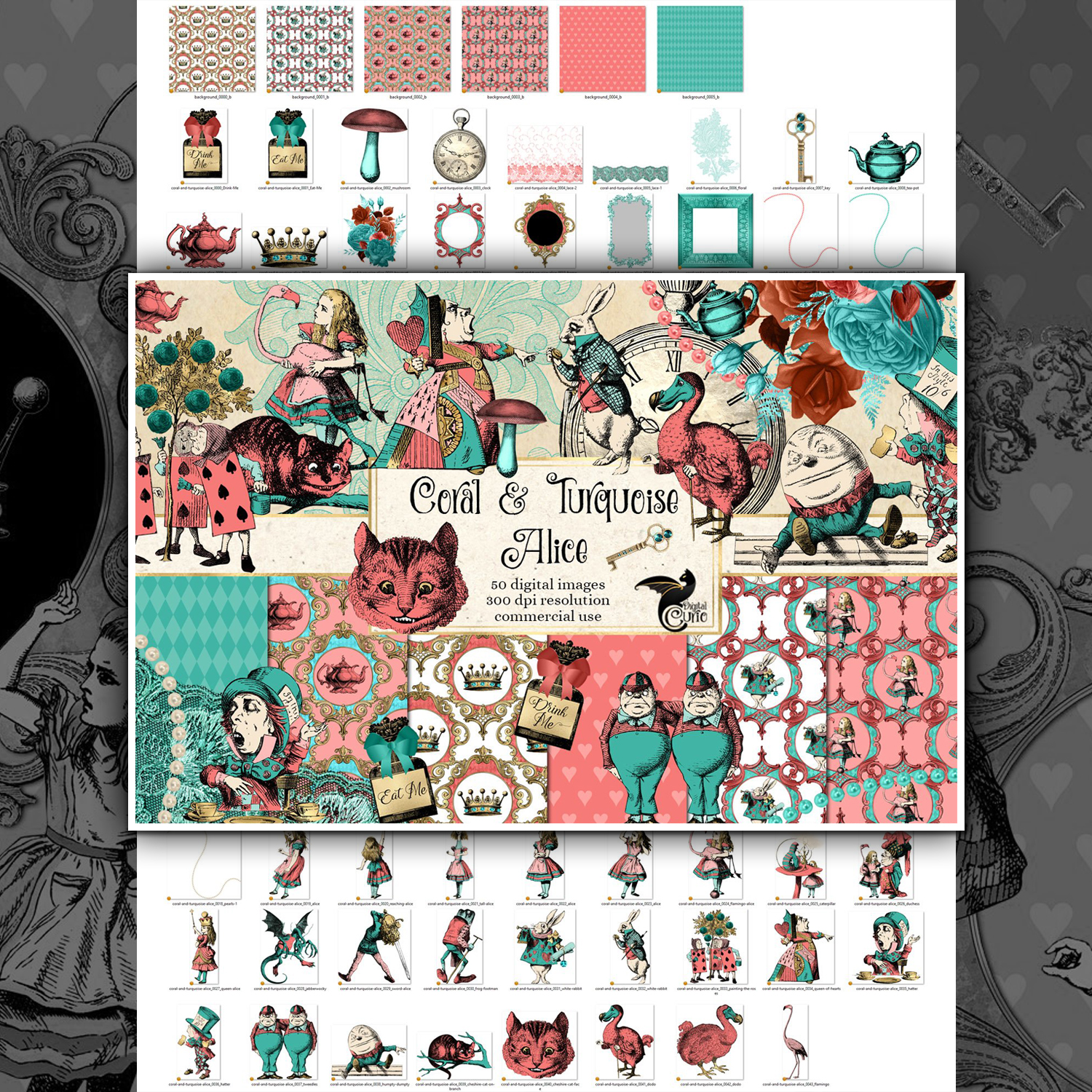 Preview coral and turquoise alice in wonderland graphics.