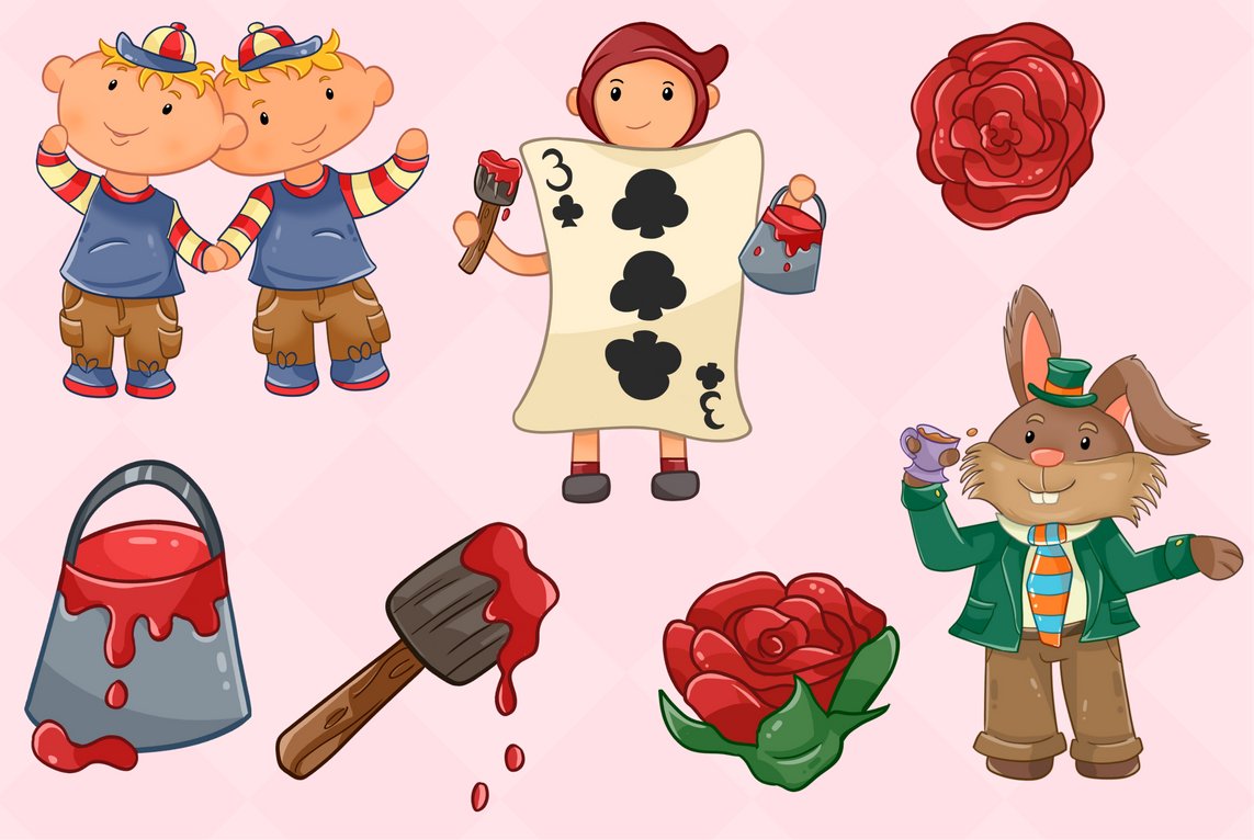 Characters and flowers and other things on the theme of the Alice cartoon.