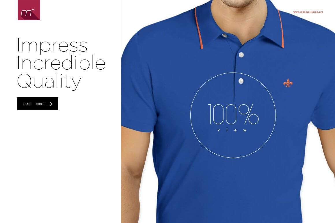 Inscription "Impress incredible quality" and image a blue t-shirt.