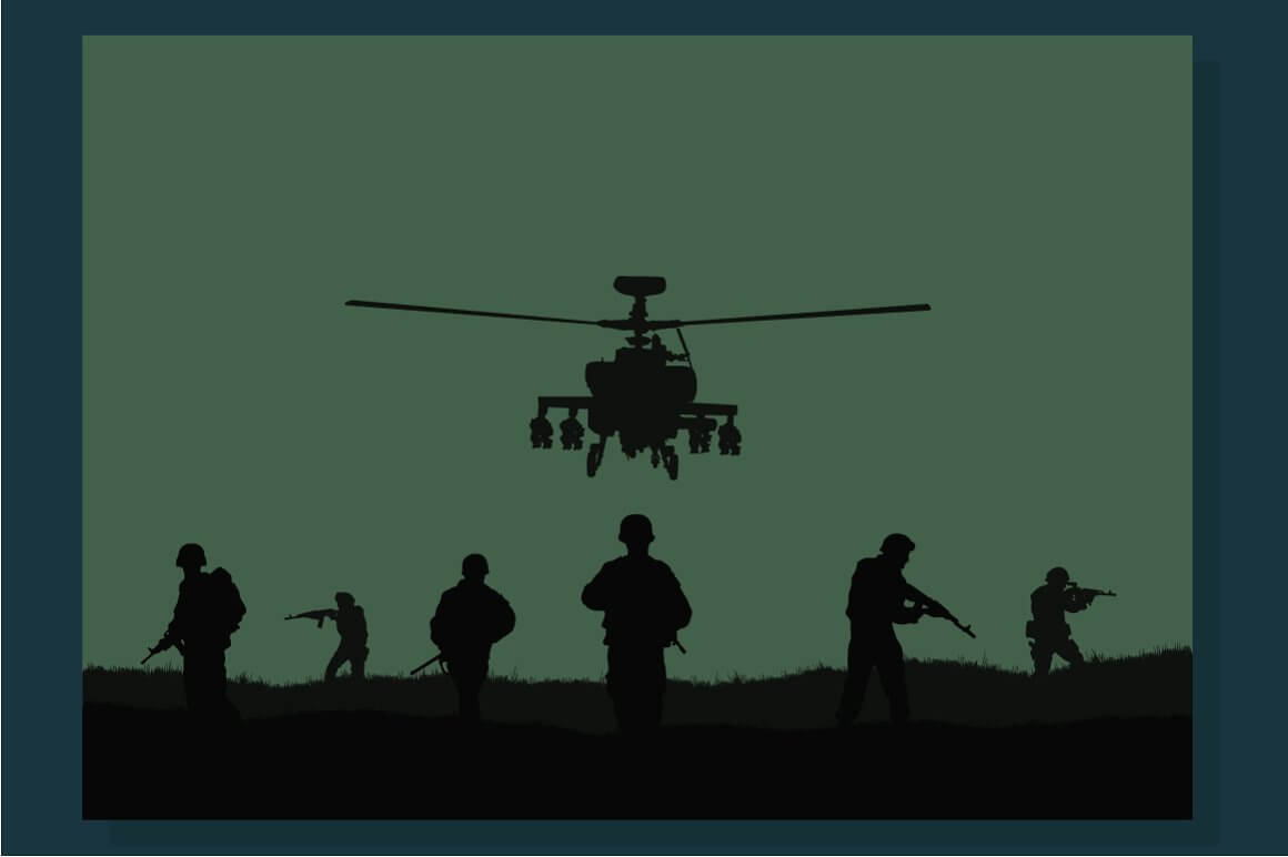 Image of a helicopter and military.