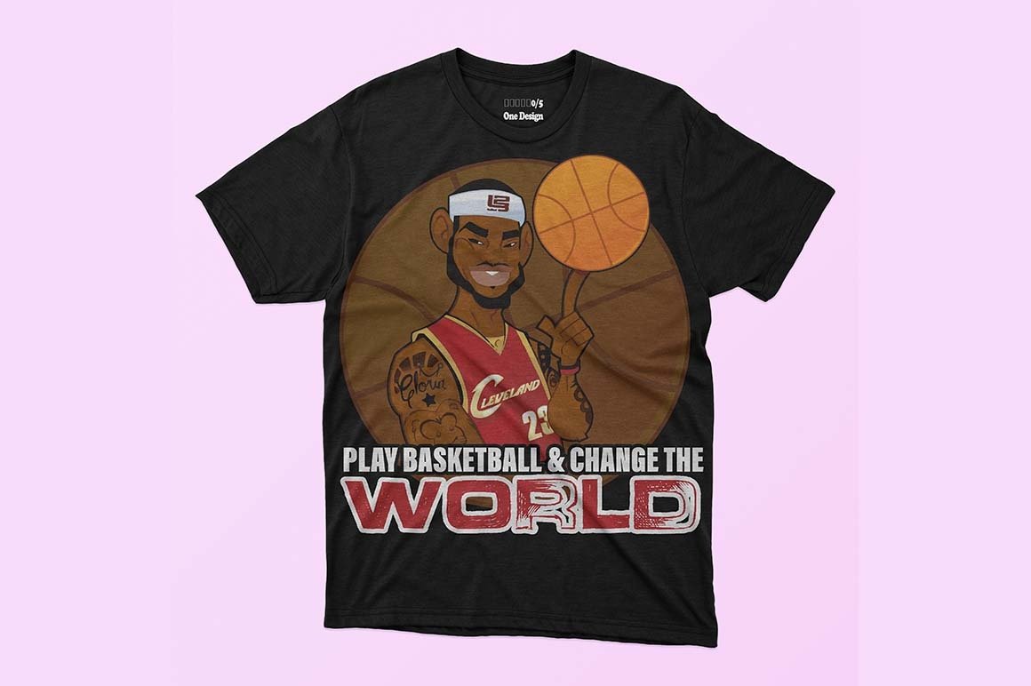 World basketball print on a black T-shirt.