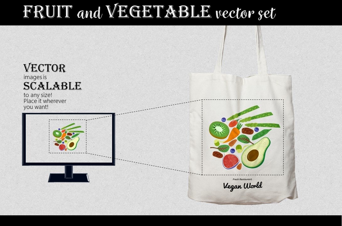 Vegetables on a computer screen and a bag with prints.