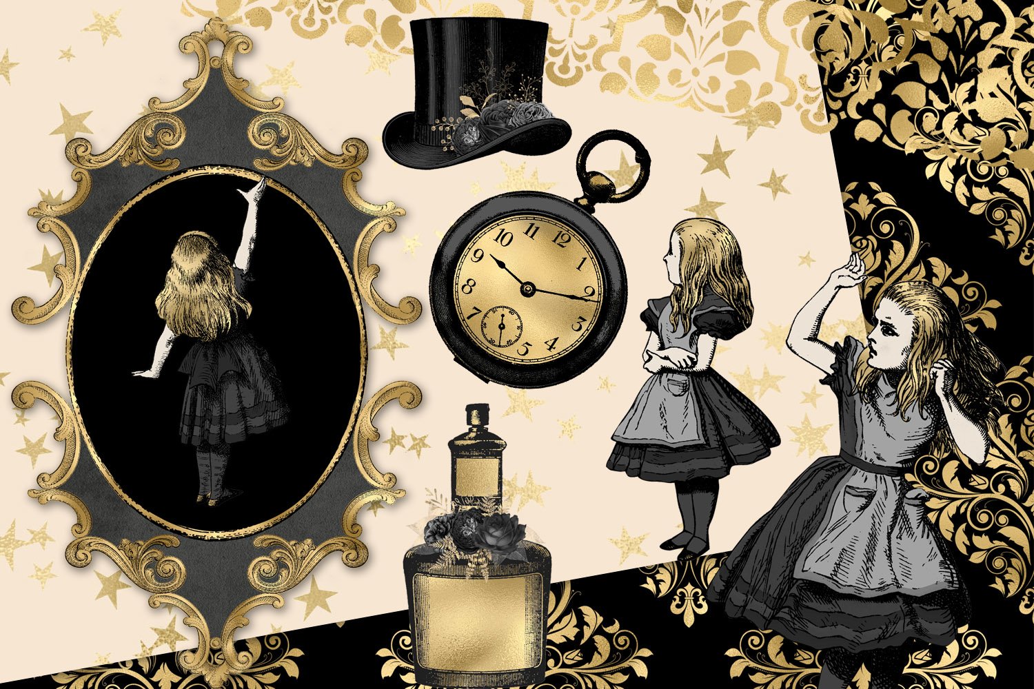 Alice, a clock, a mirror and more.