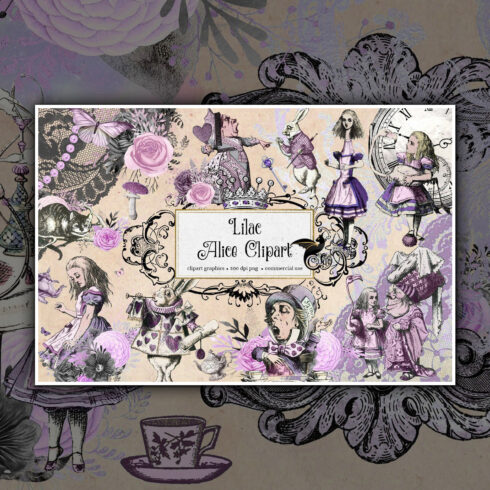 Prints of lilac alice in wonderland graphics.