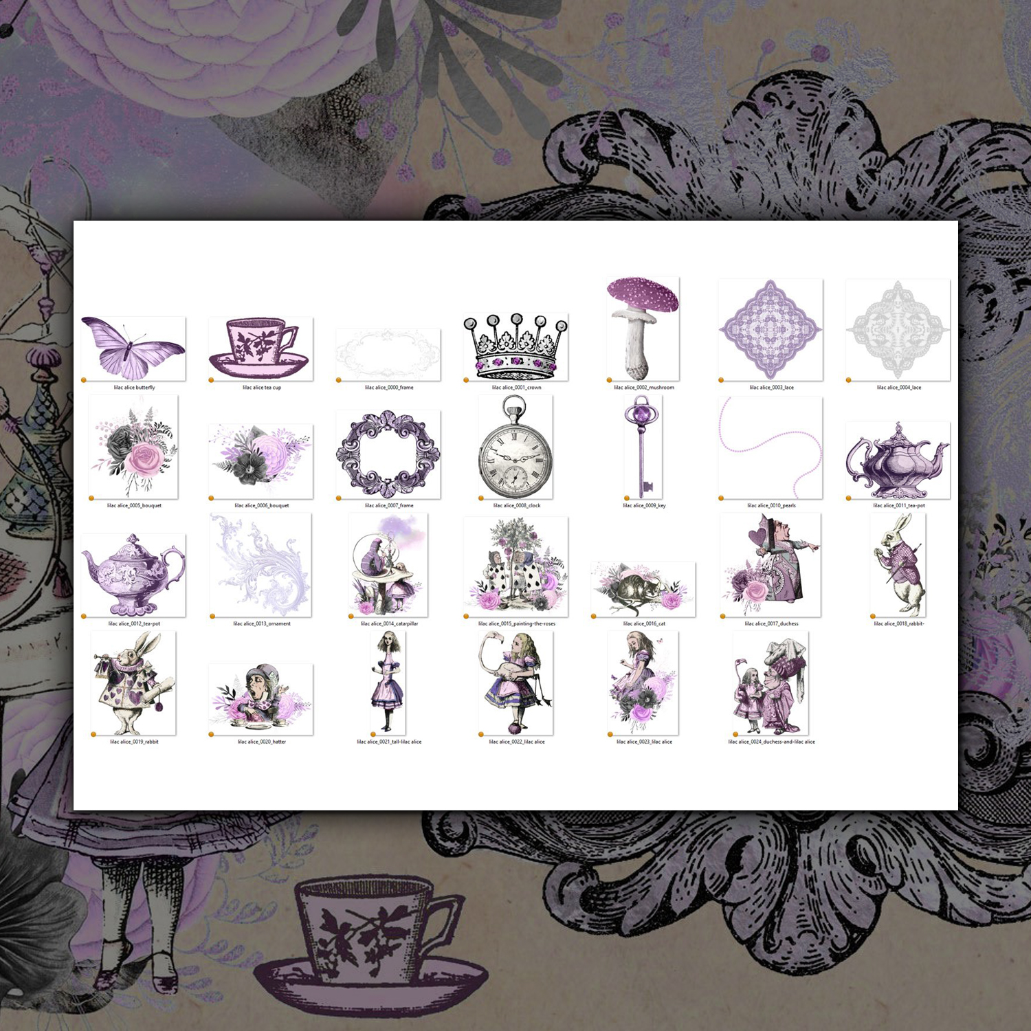 Preview lilac alice in wonderland graphics.