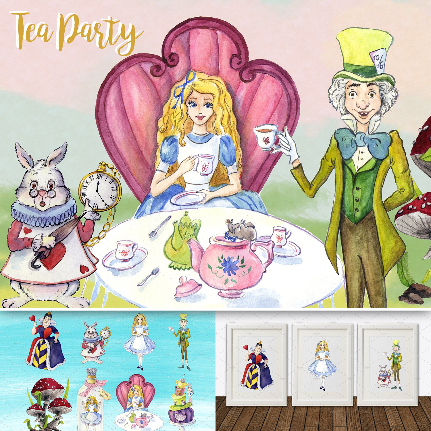 Preview watercolor alice in wonderland clipart by whimseez.