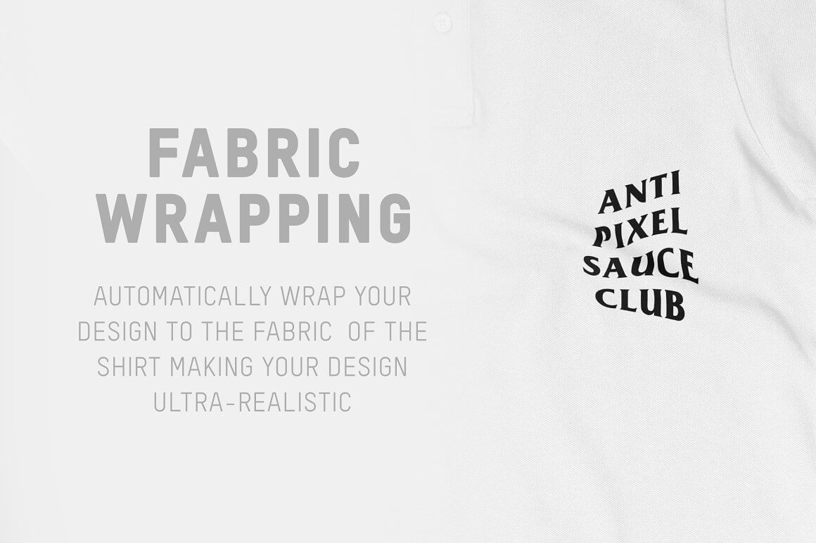 Inscription "Automatically wrap your design to the fabric of the shirt making your design ultra-realistic".