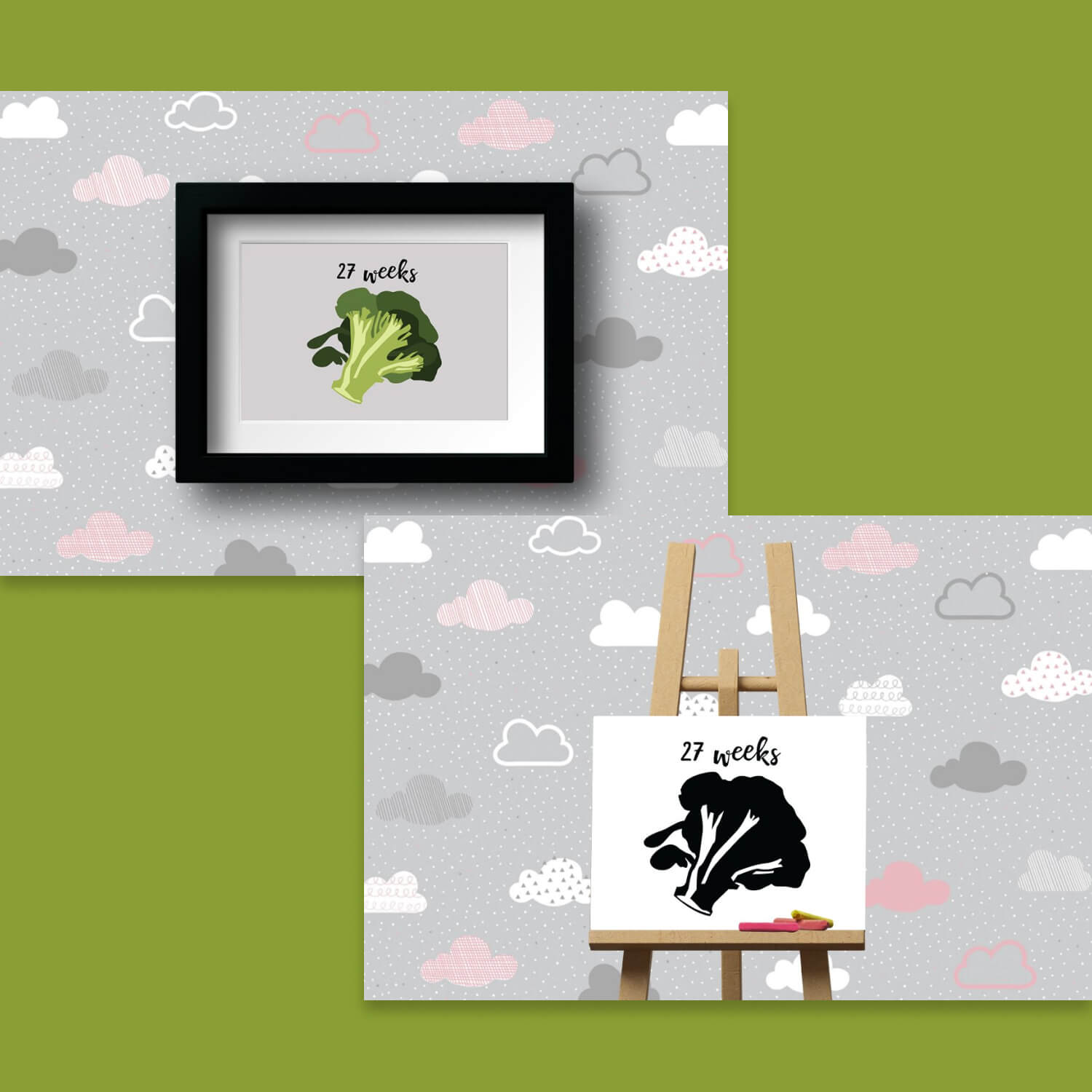 The two pictures show black and white and colored broccoli.
