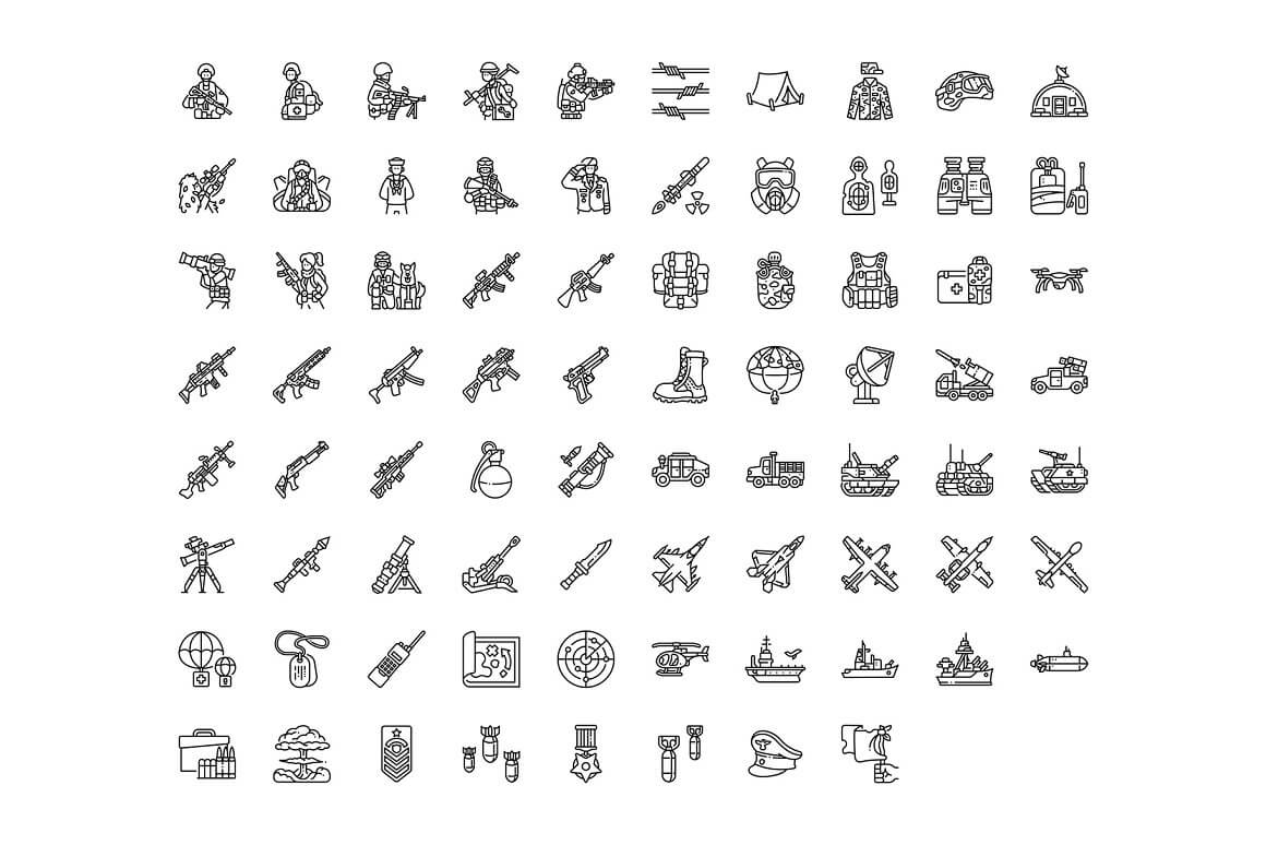 Black and white icons with combat equipment.