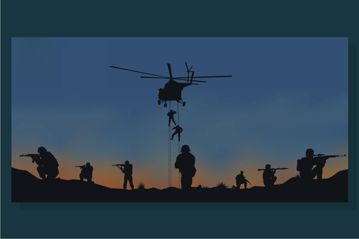 Image of a helicopter and military personnel who arrived on the territory with weapons.