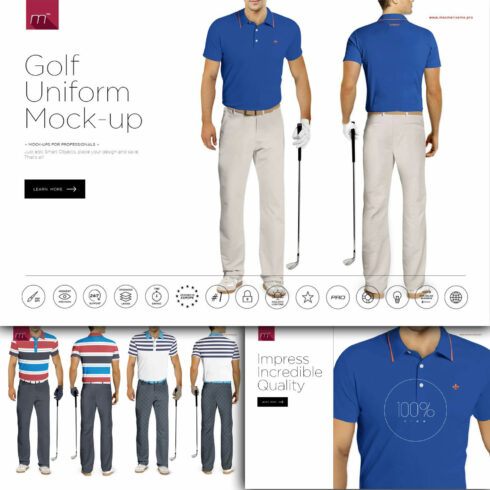 An image of a golfer in a blue t-shirt, white pants and a club in his hand.