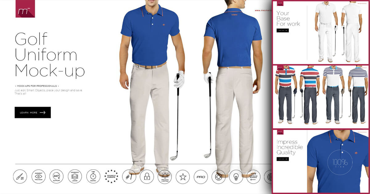 White shoes, white pants, a blue T-shirt and white gloves are the golf uniform.