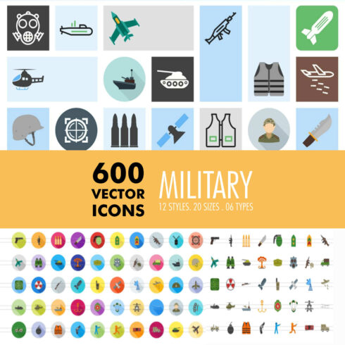 Colored icons with the image of helmets and military equipment.