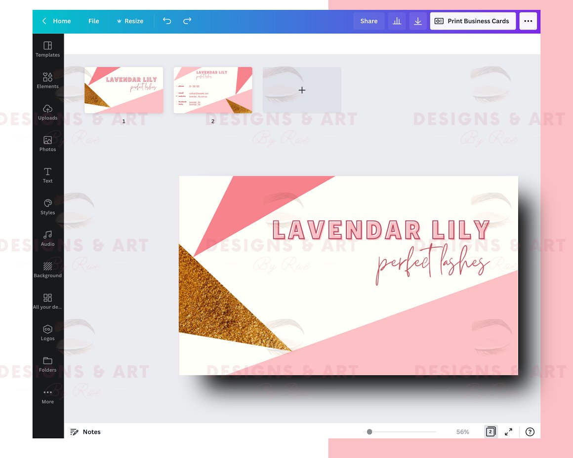 Different pages with a pink theme for business cards.