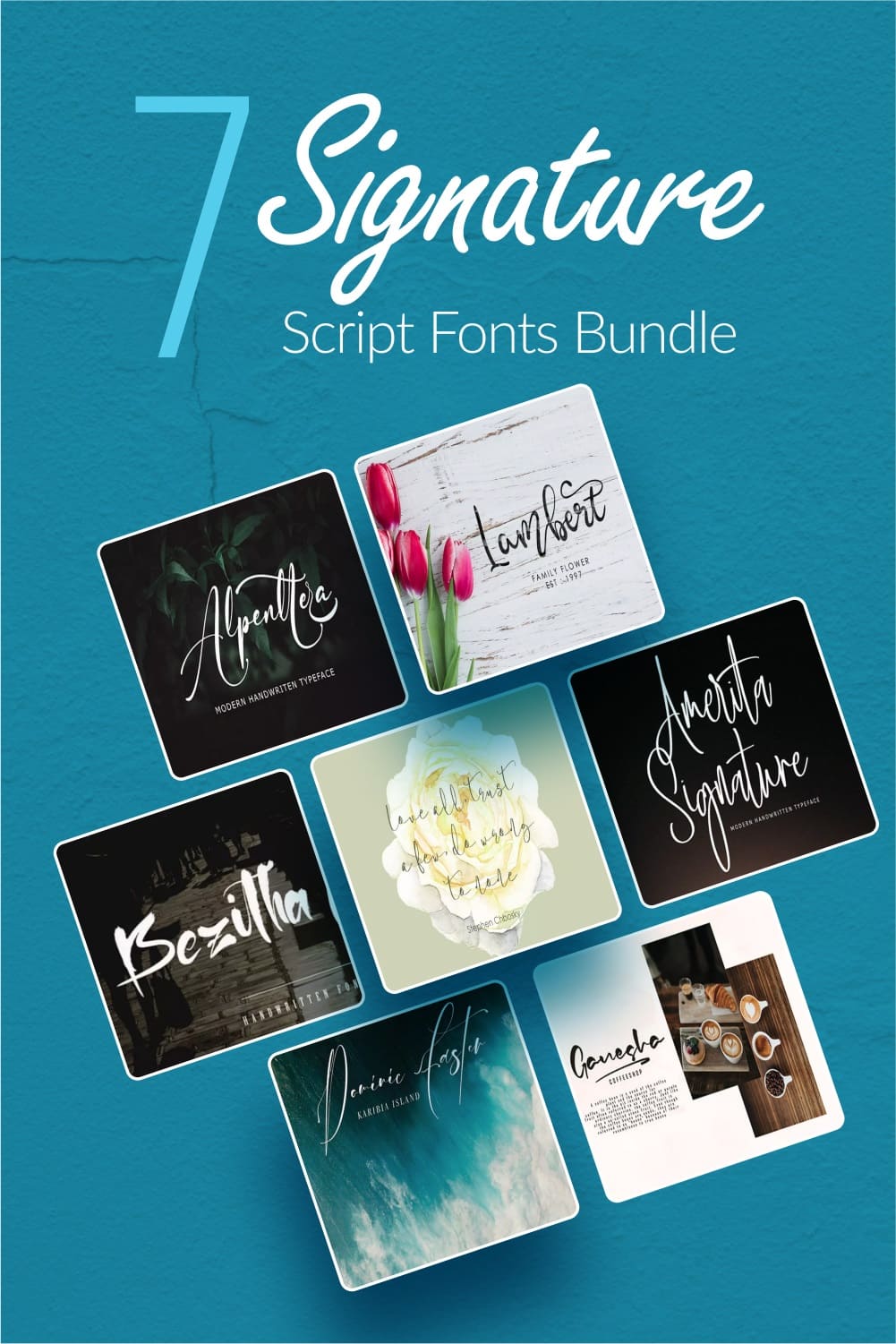 7 signature script fonts bundle Pinterest collage image.