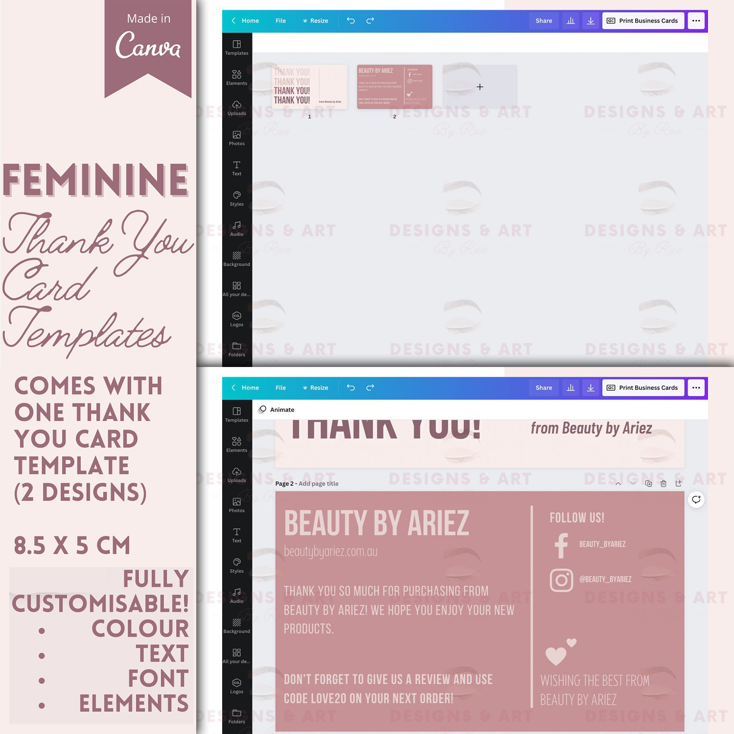 Preview feminine thank you card template.
