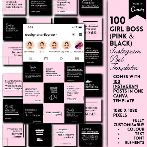 Prints of pink and black ig post quotes.