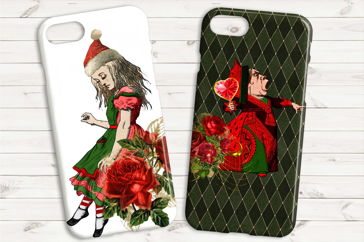 Christmas images on printed phone covers.