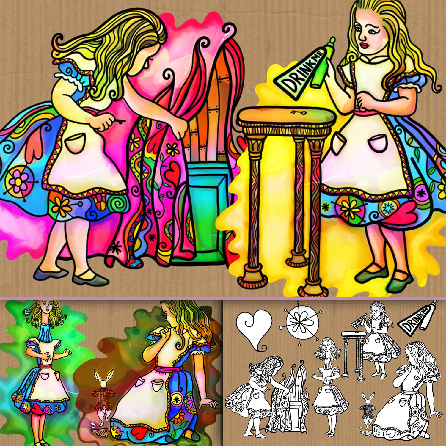 Preview alice in wonderland watercolor ink clipart illustration.