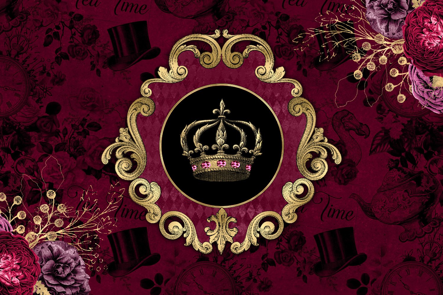 Logo with a crown in burgundy color.