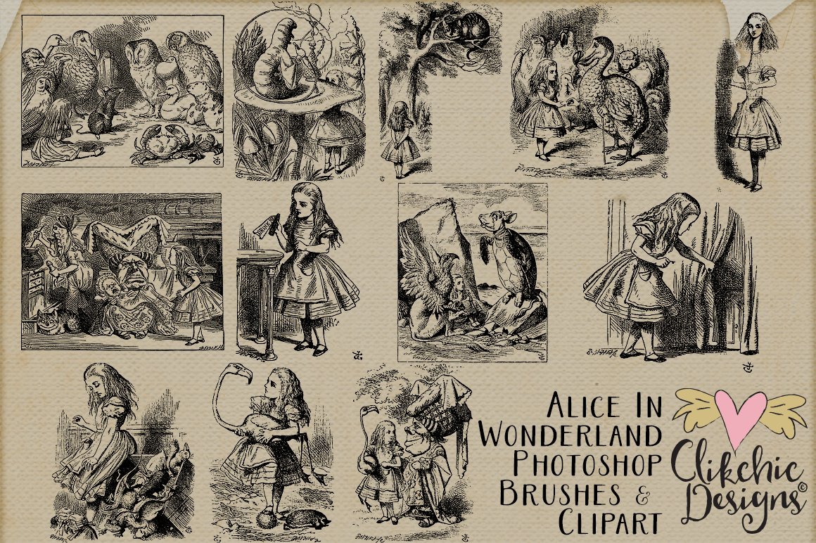 Various pictures with characters and elements from the fairy tale about Alice.