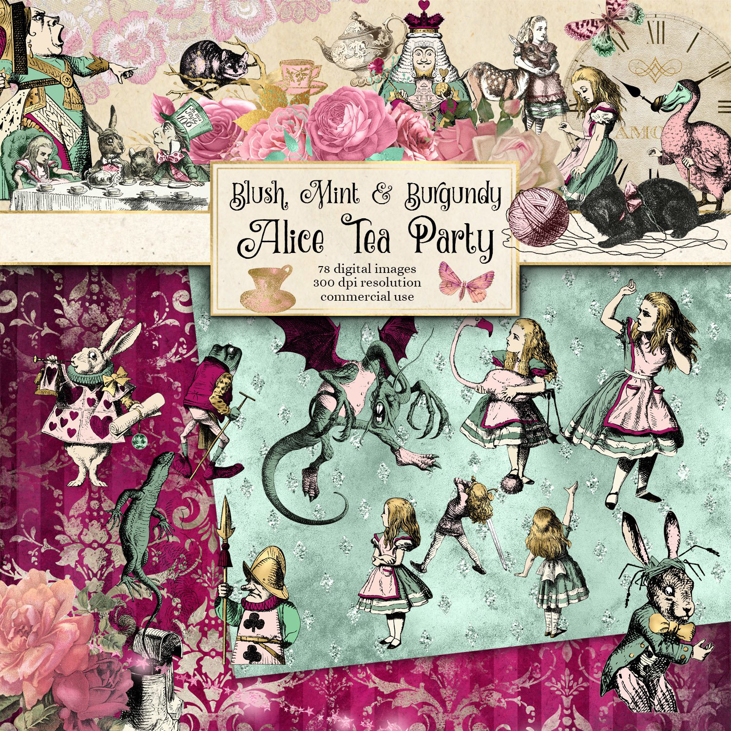 Preview blush mint and burgundy alice in wonderland tea.