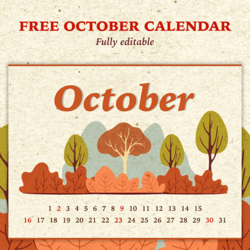 Free Editable Calendar October cover image.