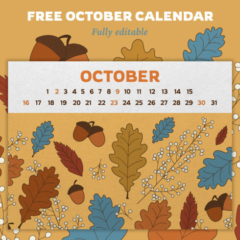 Free Editable Calendar October Acorns and Leaves cover image.