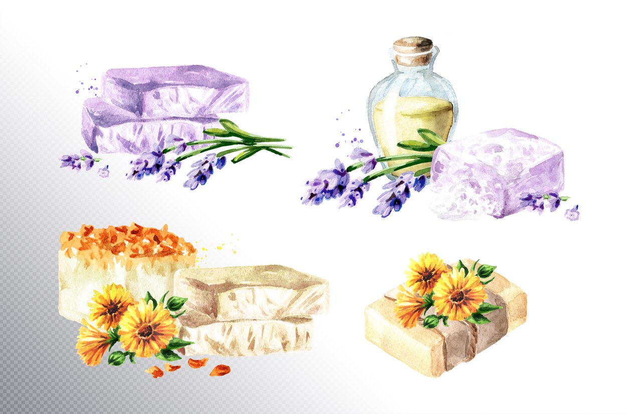 Various soaps with plants.