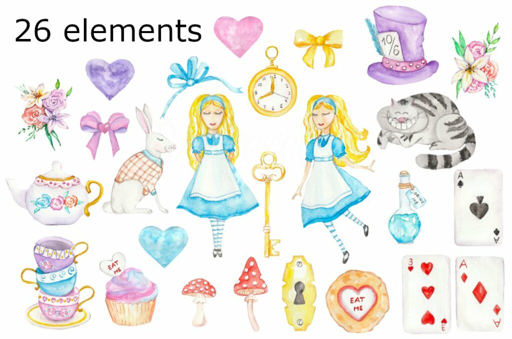 WATERCOLOR CLIPART Alice In Wonderland Fairy Tale Book Tea | Master Bundles