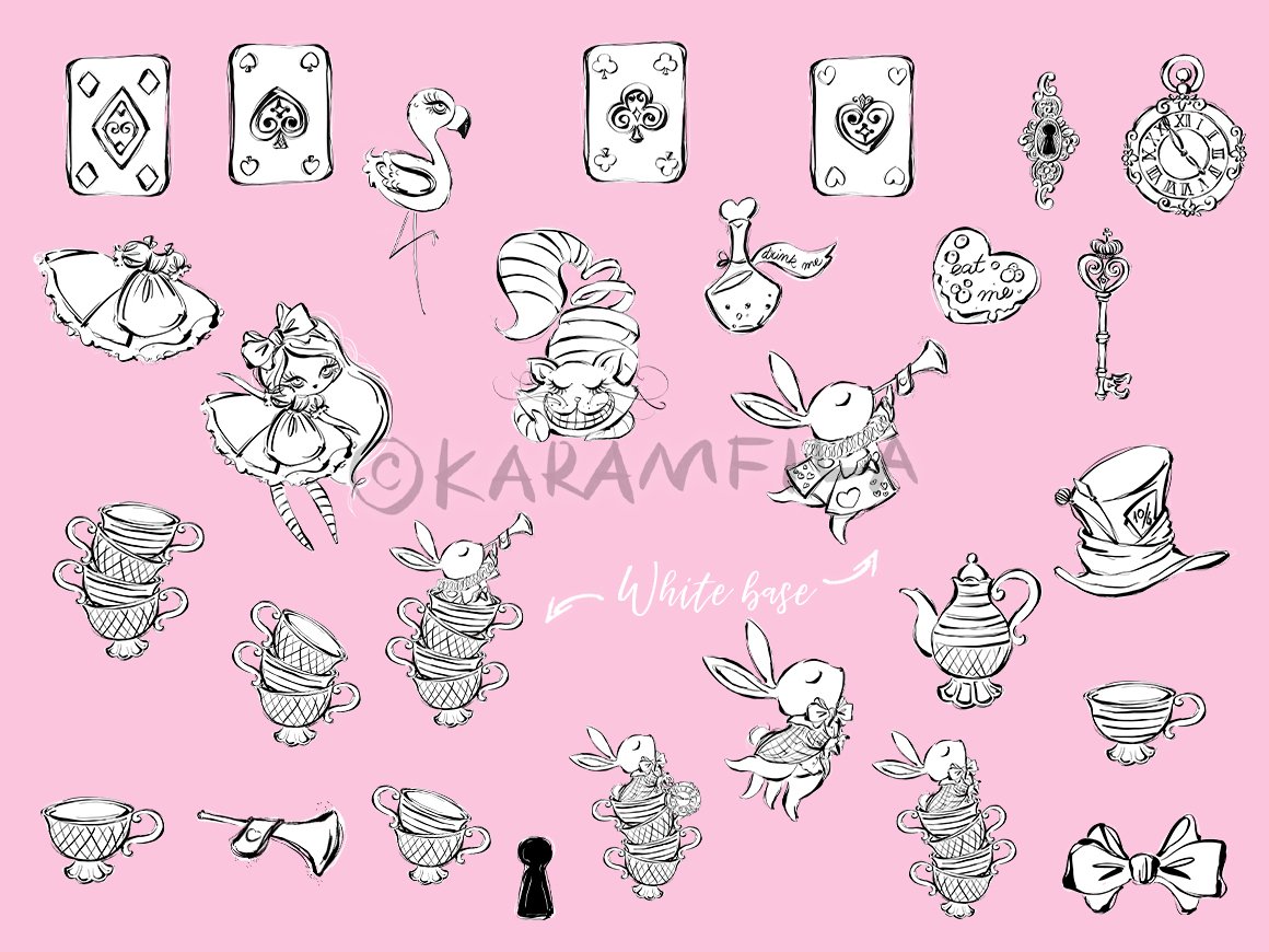 Various white images of characters on a pink background.