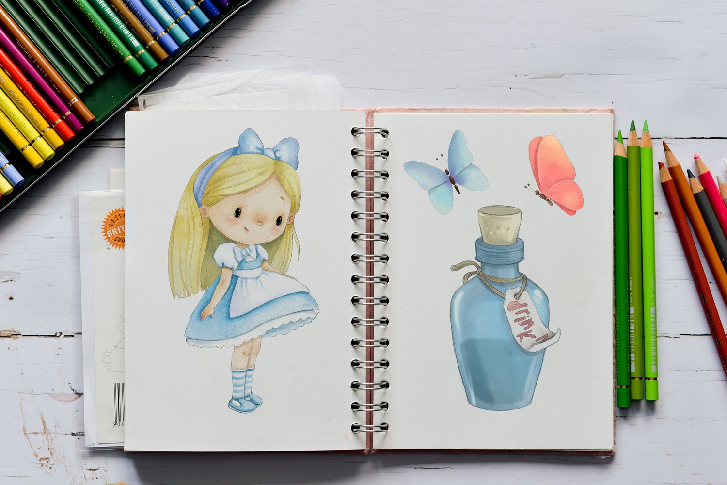 Alice in a blue dress and a bottle with butterflies.