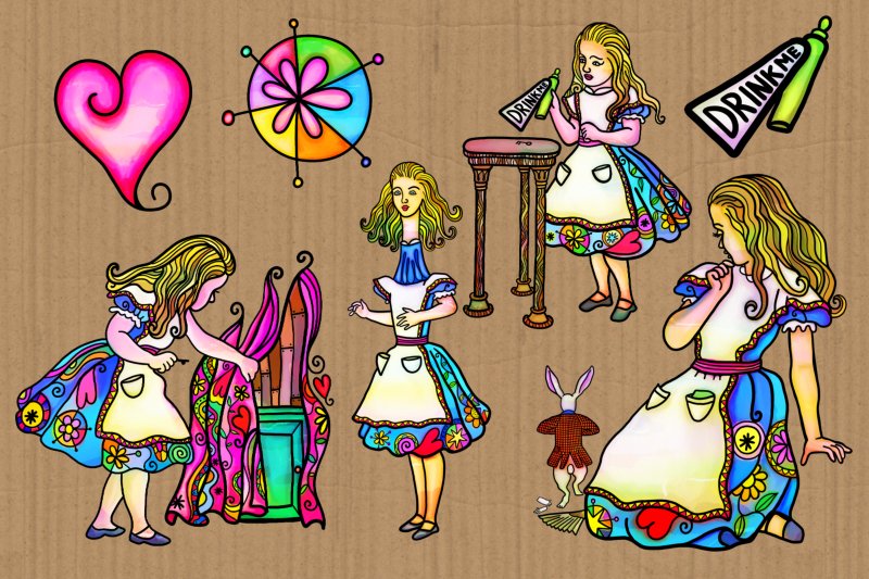 Color images of Alice in Wonderland.