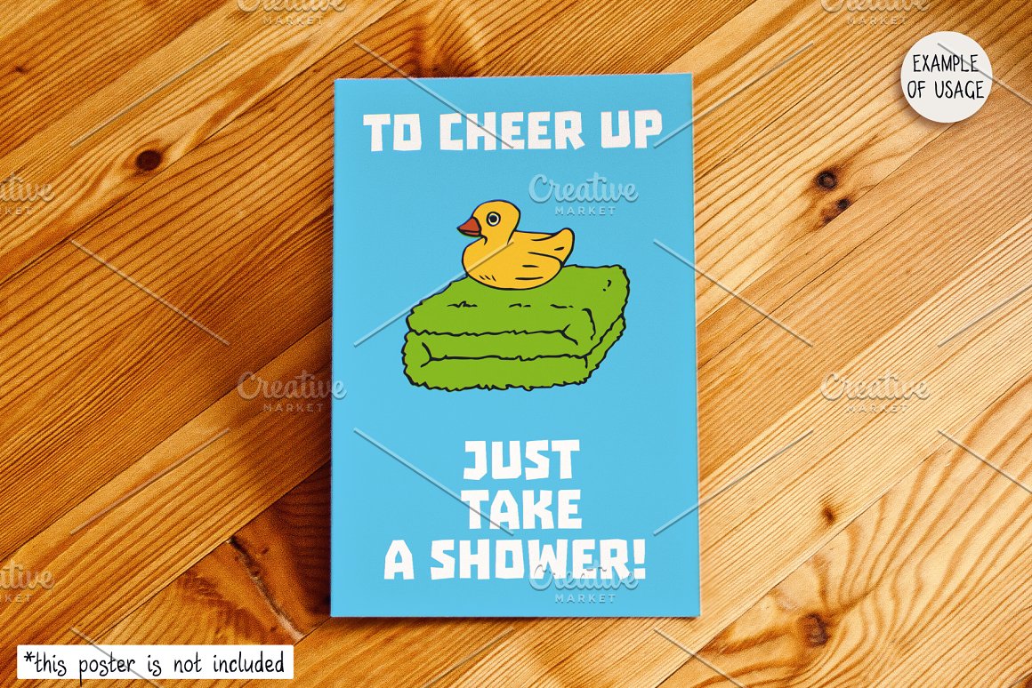 A picture with a yellow duck on a green towel.