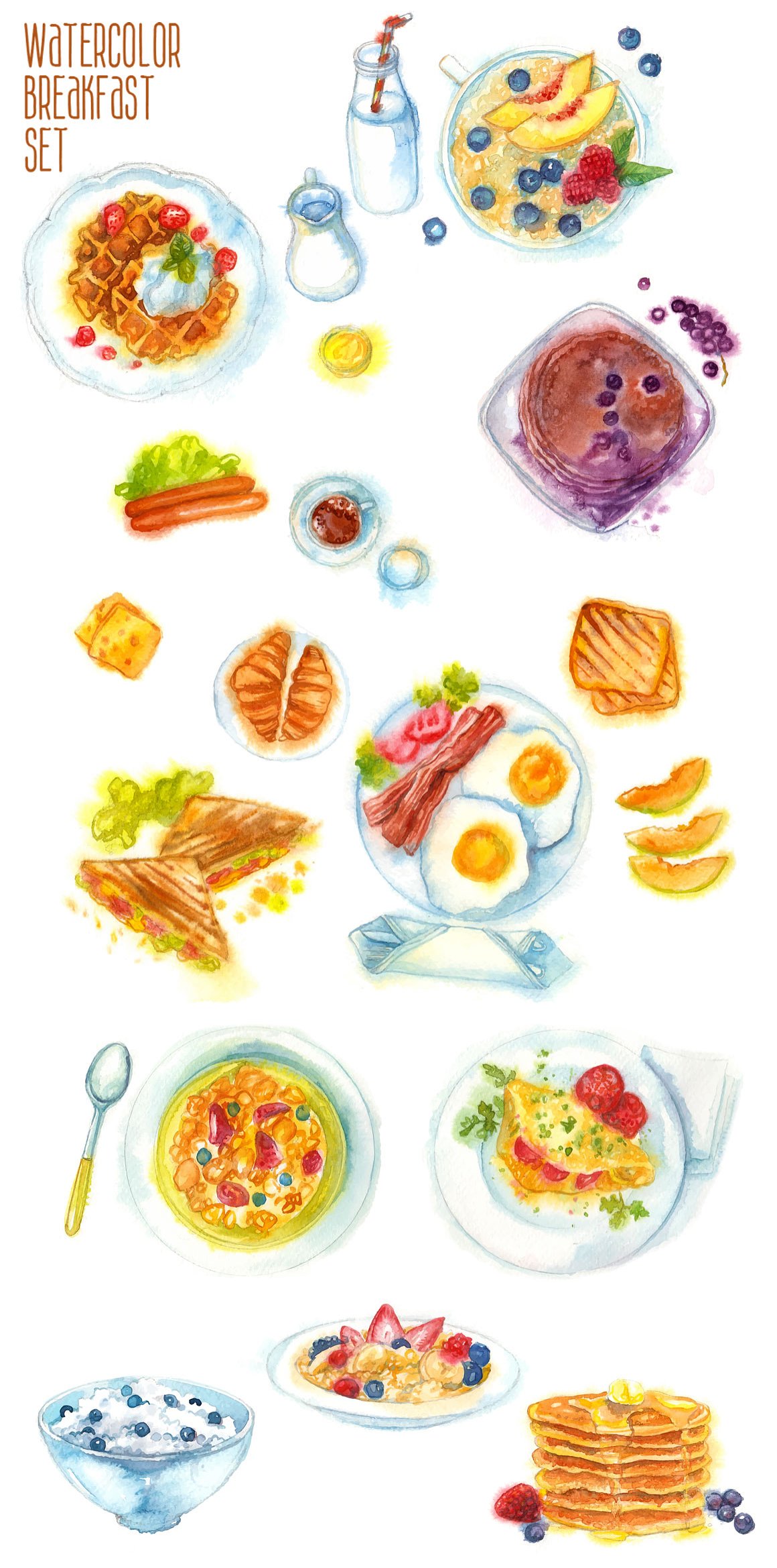 Croissant, eggs and other food.