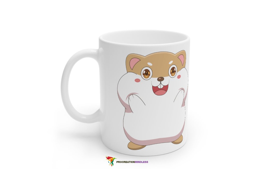A white mug with a hamster.