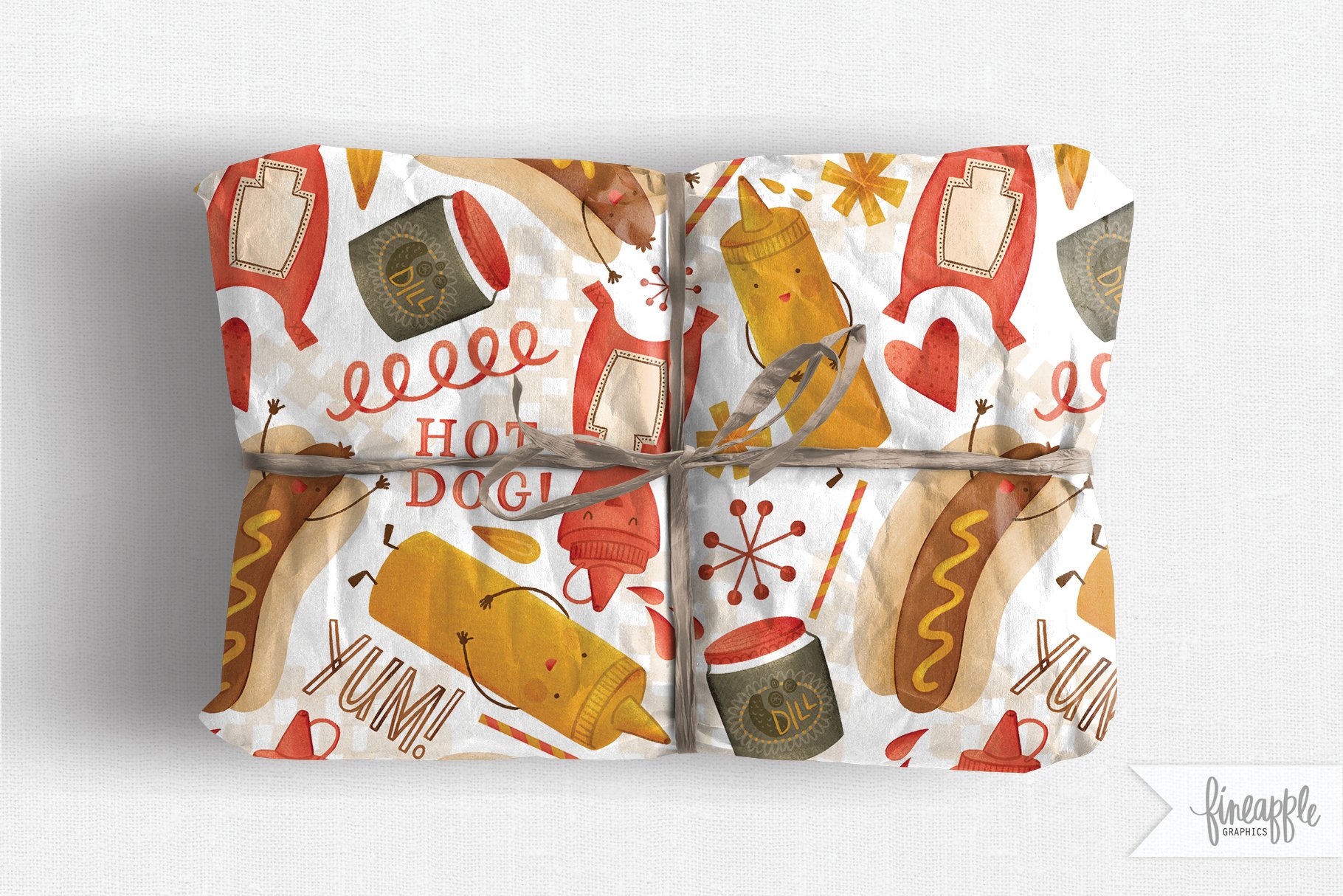 Prints of clothes on the theme of fast food.