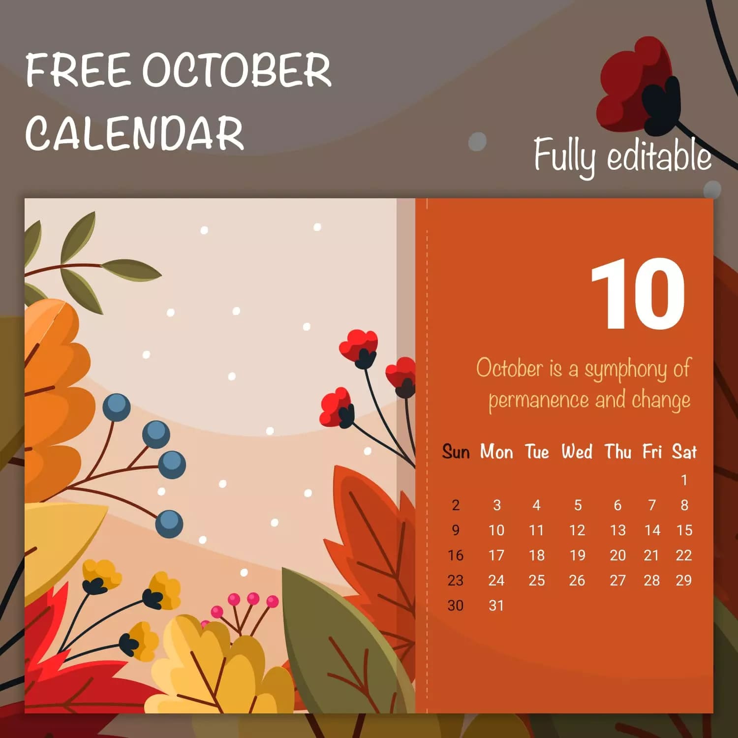 Free Editable Calendar October Tree Branches Preview.