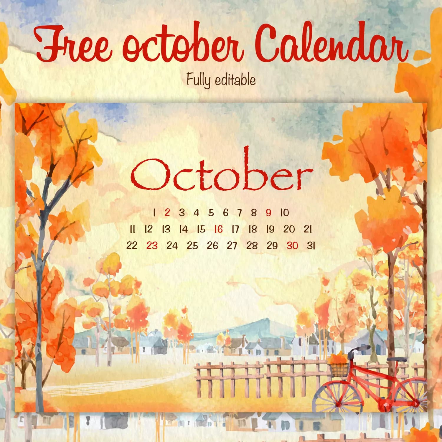 Free Editable Calendar October With Trees Preview.