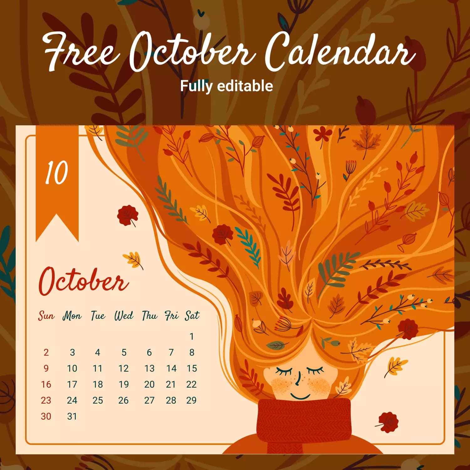 Free Editable Calendar October Girl Of Autumn Preview.