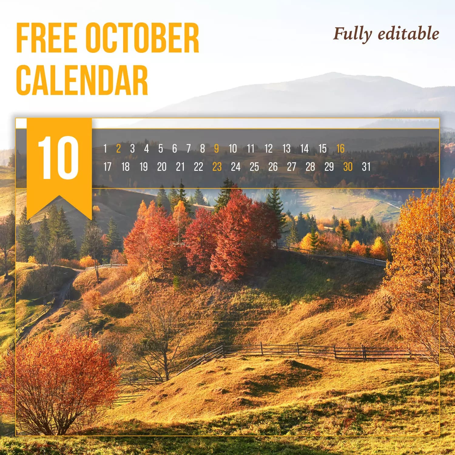 Free Editable Calendar October Nature View Preview.
