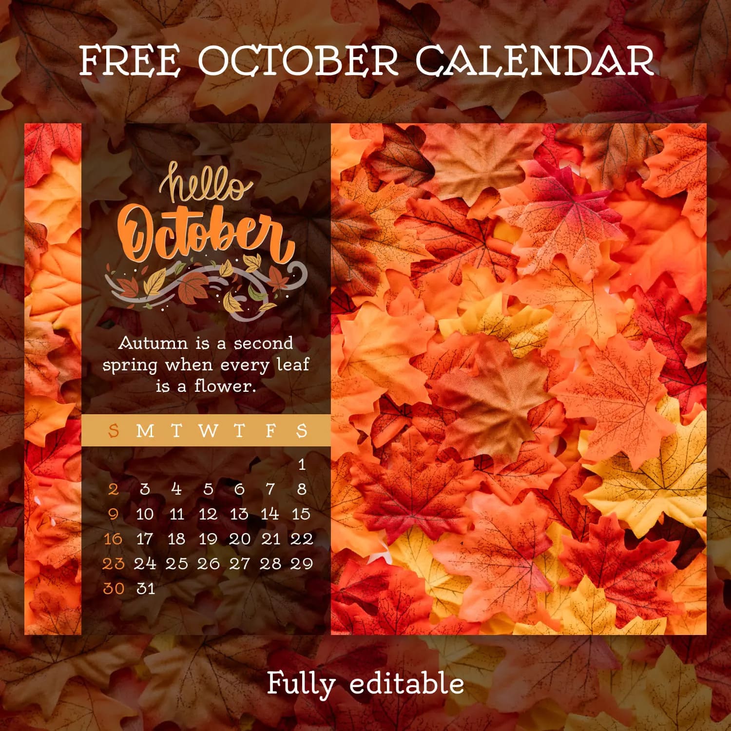 Free Editable Calendar October Leaves Preview.
